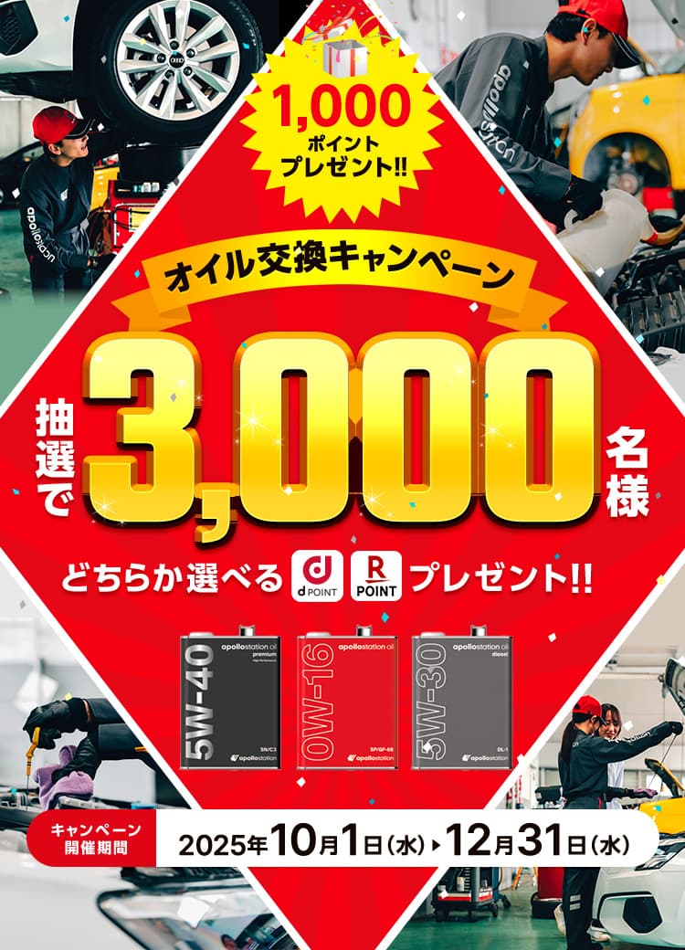 PIT in plus(ピットインプラス)オイル交換キャンペーン。出光のキャンペーン該当店舗にて対象サービスを予約・実施で抽選3,000名様に1,000ポイントプレゼント！