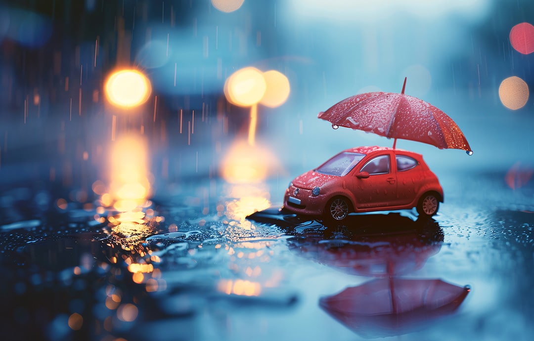 雨の中の車