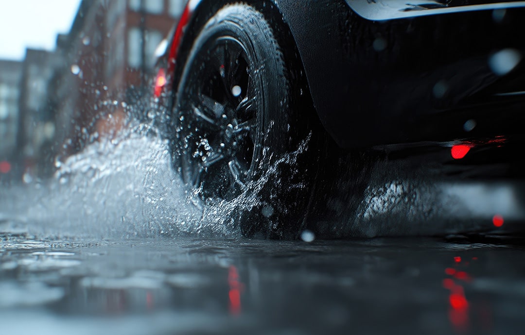 雨の中走る車