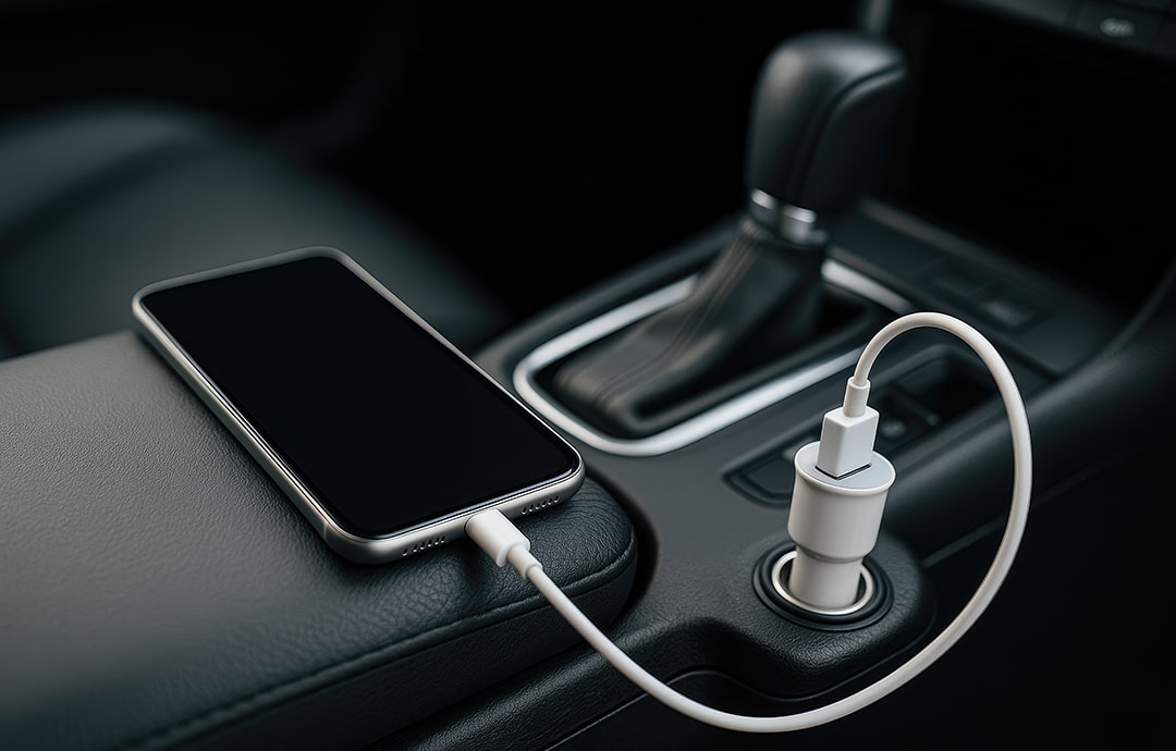 カーチャージャーで充電中のスマホ