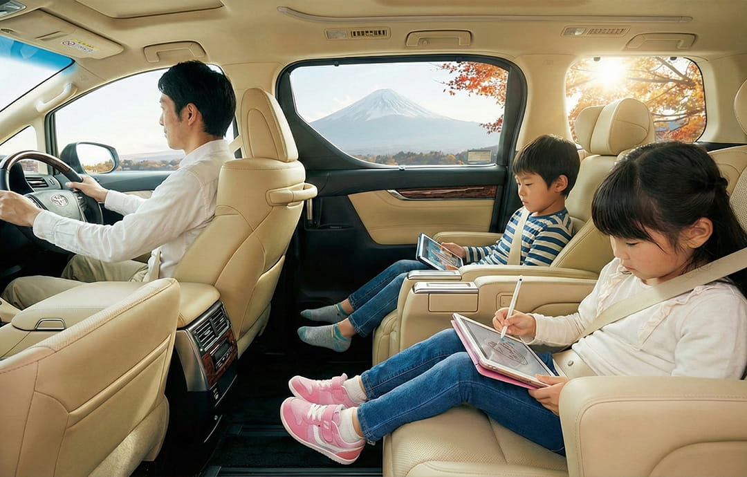 車内でWi-Fiを利用する家族